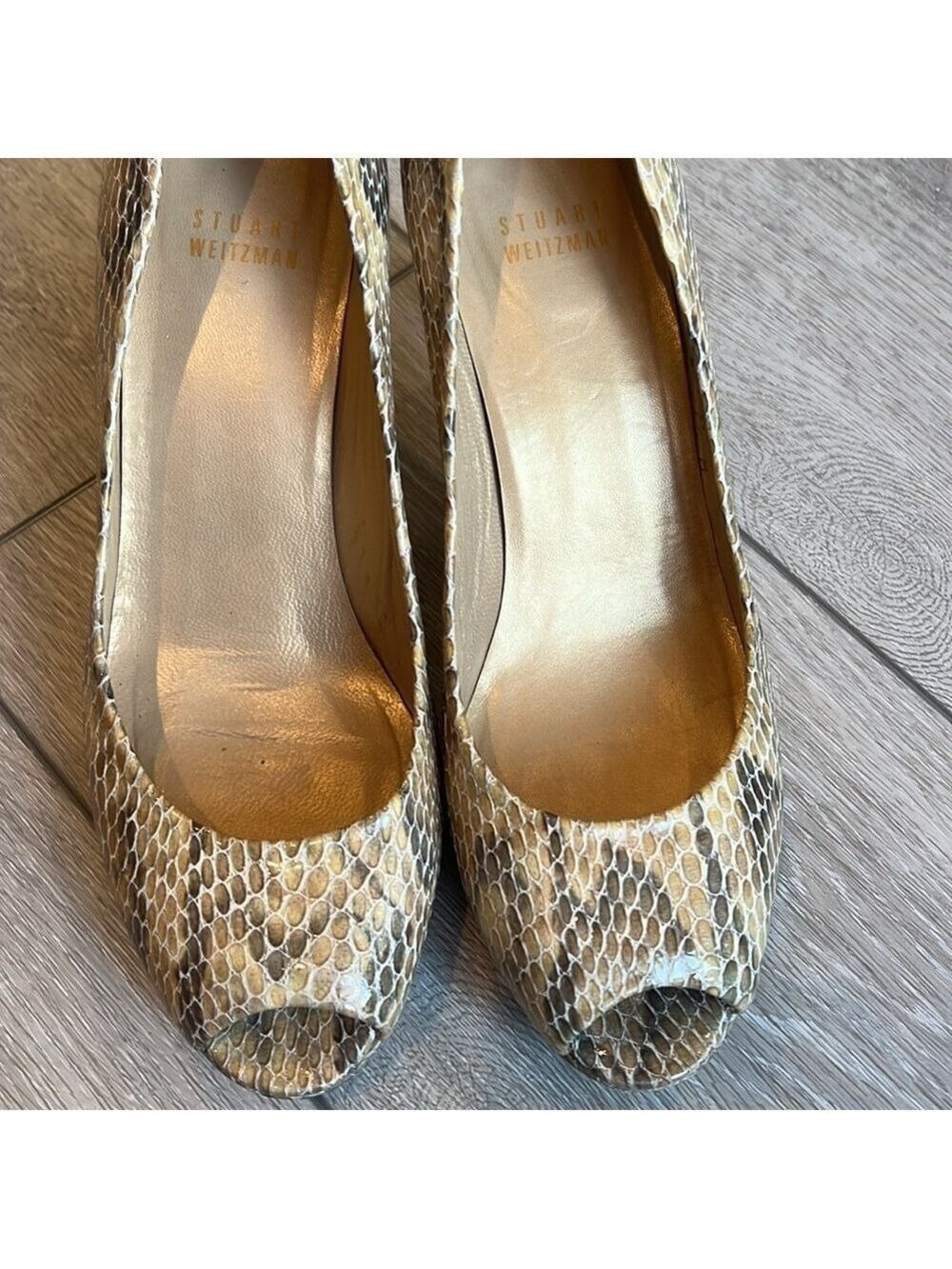 Stuart Weitzman animal print snakeskin neutral peep toe pump heel size 7.5 - Picture 5 of 10